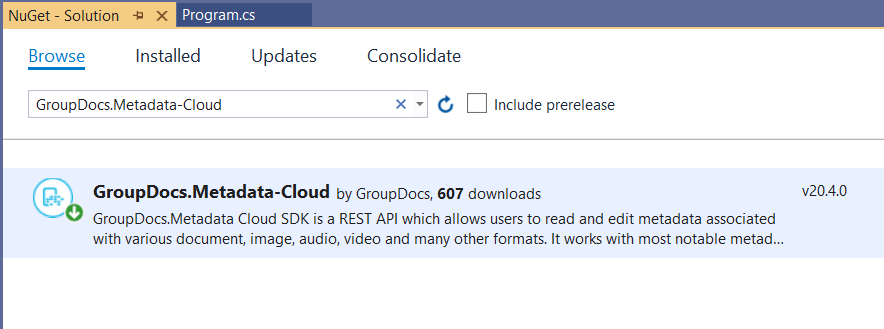 ติดตั้ง GroupDocs.Metadata Cloud ผ่าน NuGet Package Manager